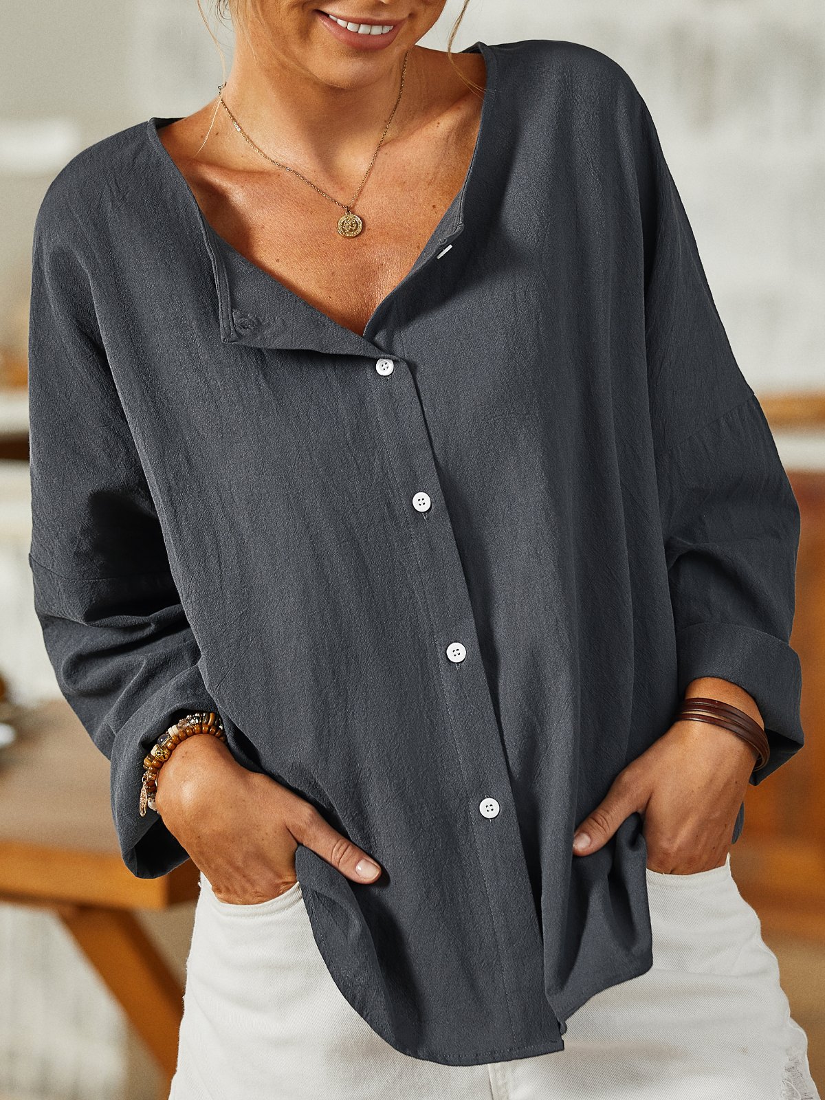 Casuale Colletto a Camicia Cotone-miscela Top