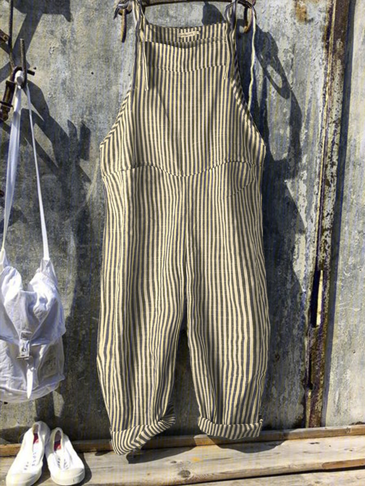 Vintage Nero Grigio Lino strisce Pantaloni pagliaccetto tuta