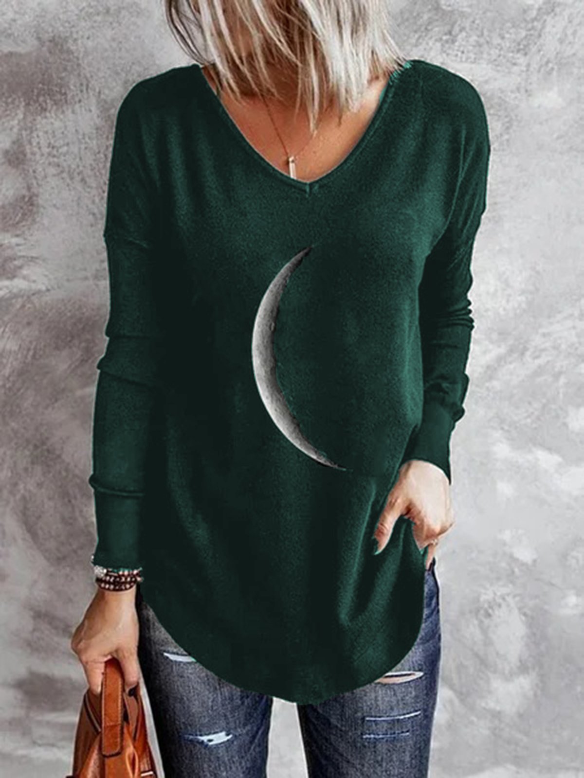 Luna Stampato Scollo a V Casuale Maniche Lunghe Dritto Top