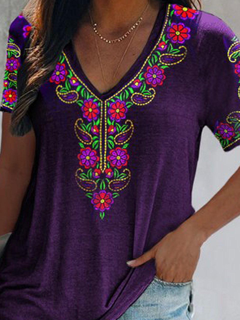 Bohemian Tribale Stampata Floreale Bohemian Scollo a V Cotone miscele Allentare Maniche Corte T-shirt