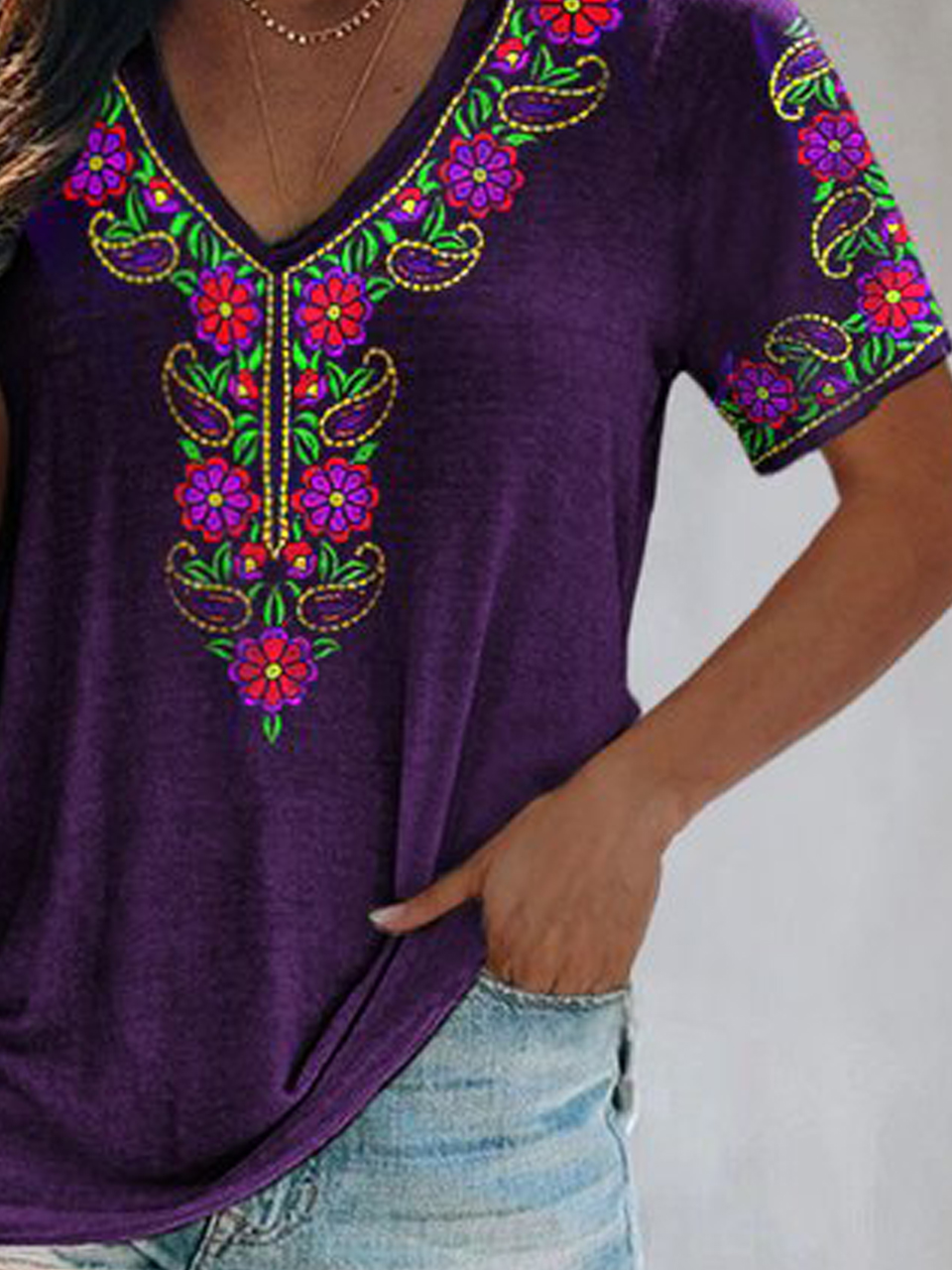 Bohemian Tribale Stampata Floreale Bohemian Scollo a V Cotone miscele Allentare Maniche Corte T-shirt