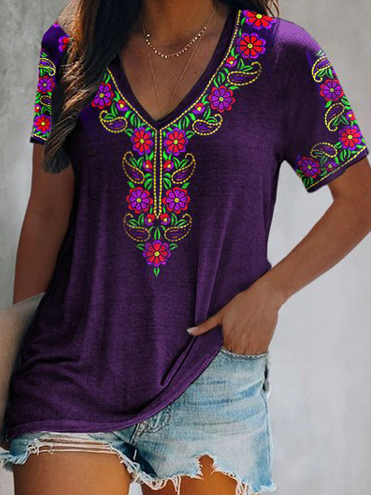 Bohemian Tribale Stampata Floreale Bohemian Scollo a V Cotone miscele Allentare Maniche Corte T-shirt