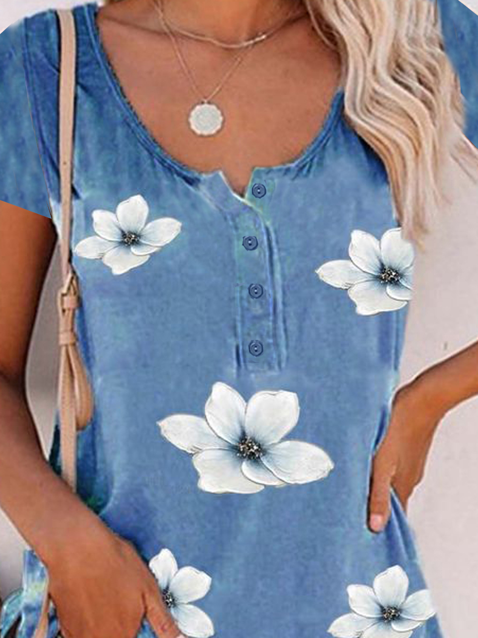 Floreale Casuale Girocollo Allentare Abbottonato Maniche Corte T-shirt