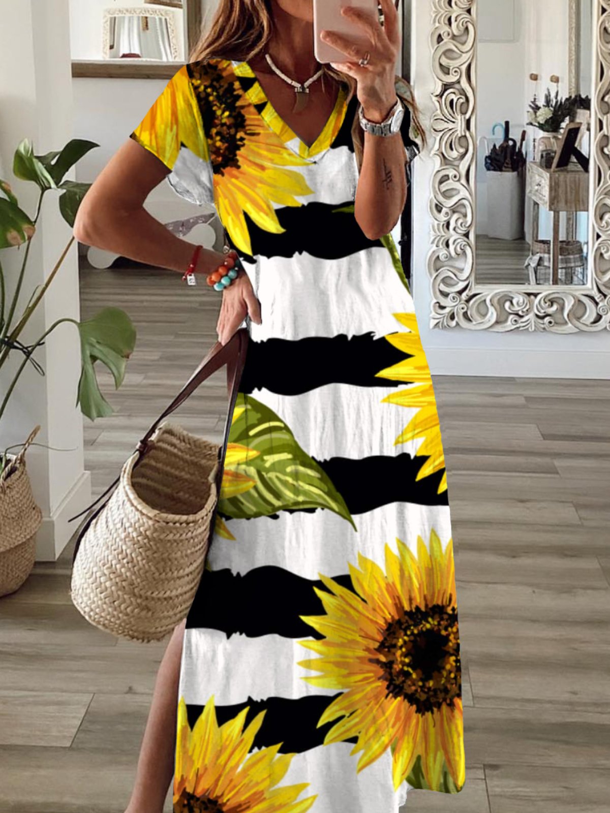 Casuale Girasole Maniche Corte Scollo a V taglia grande Stampato Abito