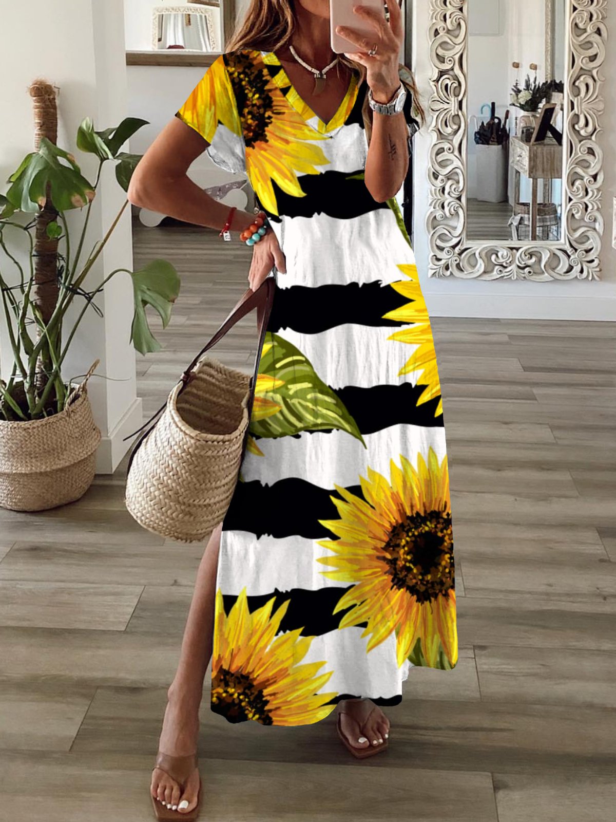 Casuale Girasole Maniche Corte Scollo a V taglia grande Stampato Abito