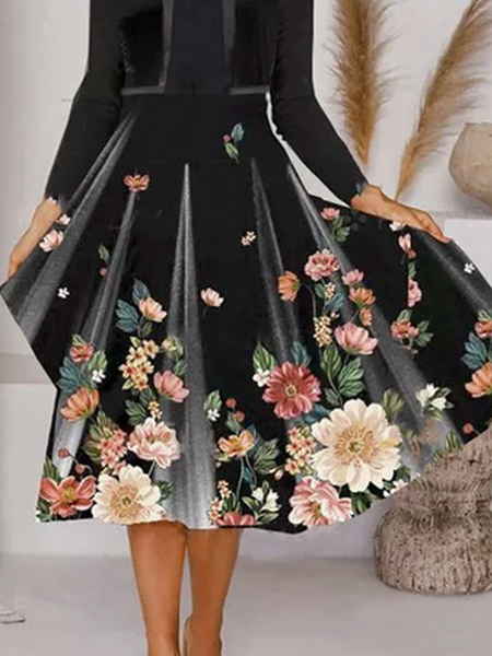 Donna Floreale Girocollo Maniche Lunghe comodo Casuale Midi Gonna