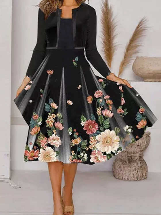 Donna Floreale Girocollo Maniche Lunghe comodo Casuale Midi Gonna