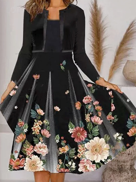 Donna Floreale Girocollo Maniche Lunghe comodo Casuale Midi Gonna