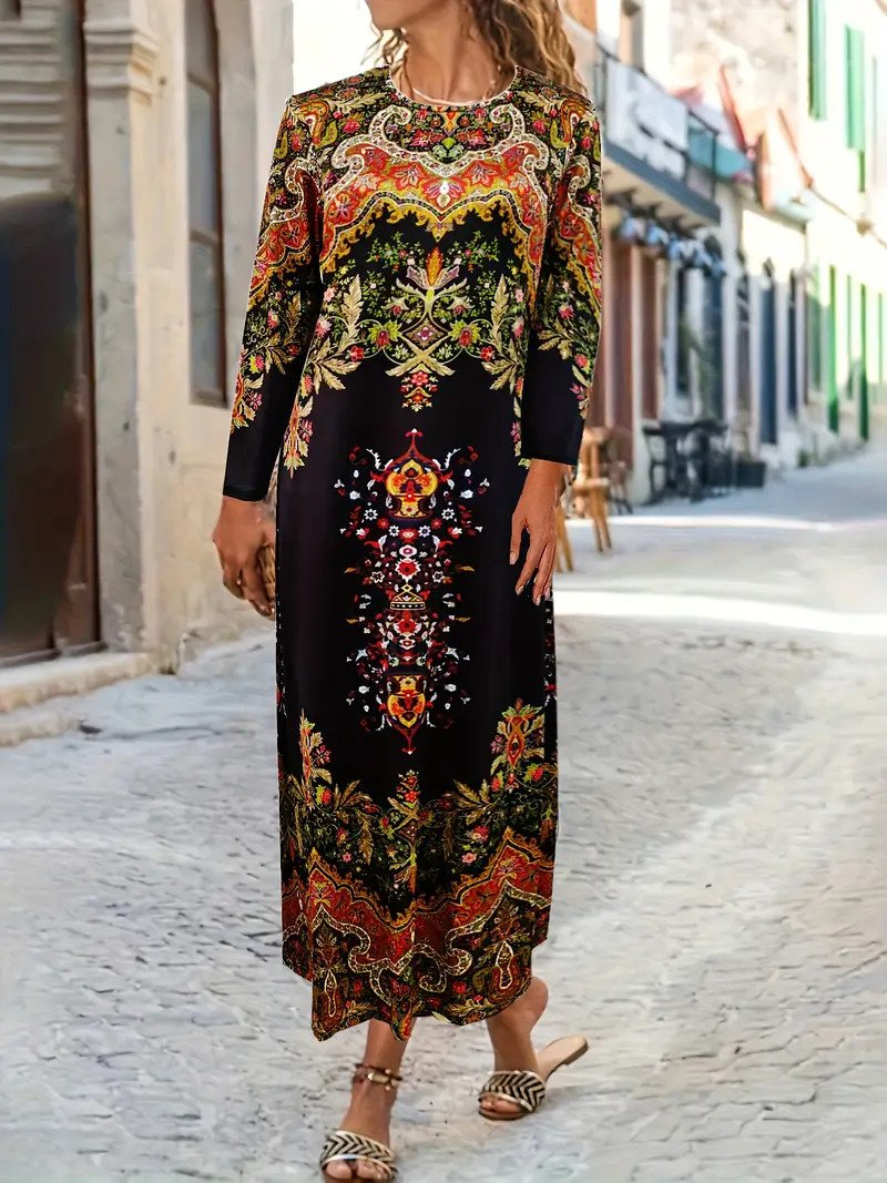 Donna Geometrico Maniche Lunghe comodo Casuale Maxi Abito