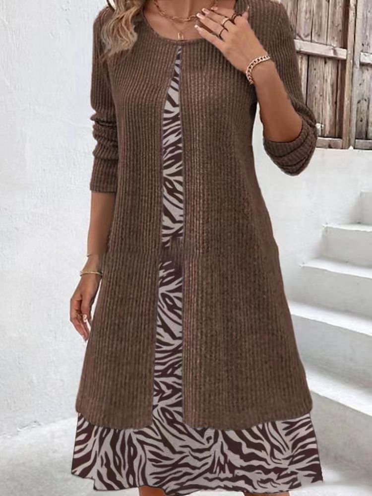 Donna Floreale Girocollo Maniche Lunghe comodo Casuale Abbottonato Midi Gonna