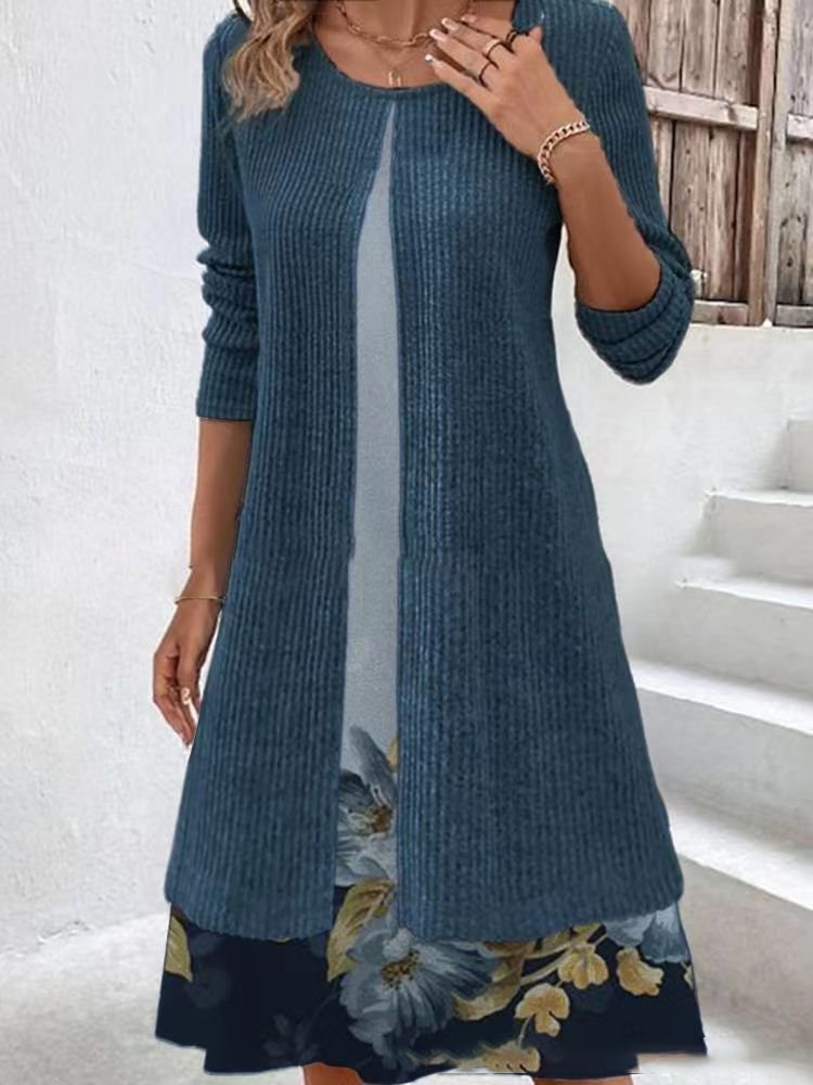 Donna Floreale Girocollo Maniche Lunghe comodo Casuale Abbottonato Midi Gonna