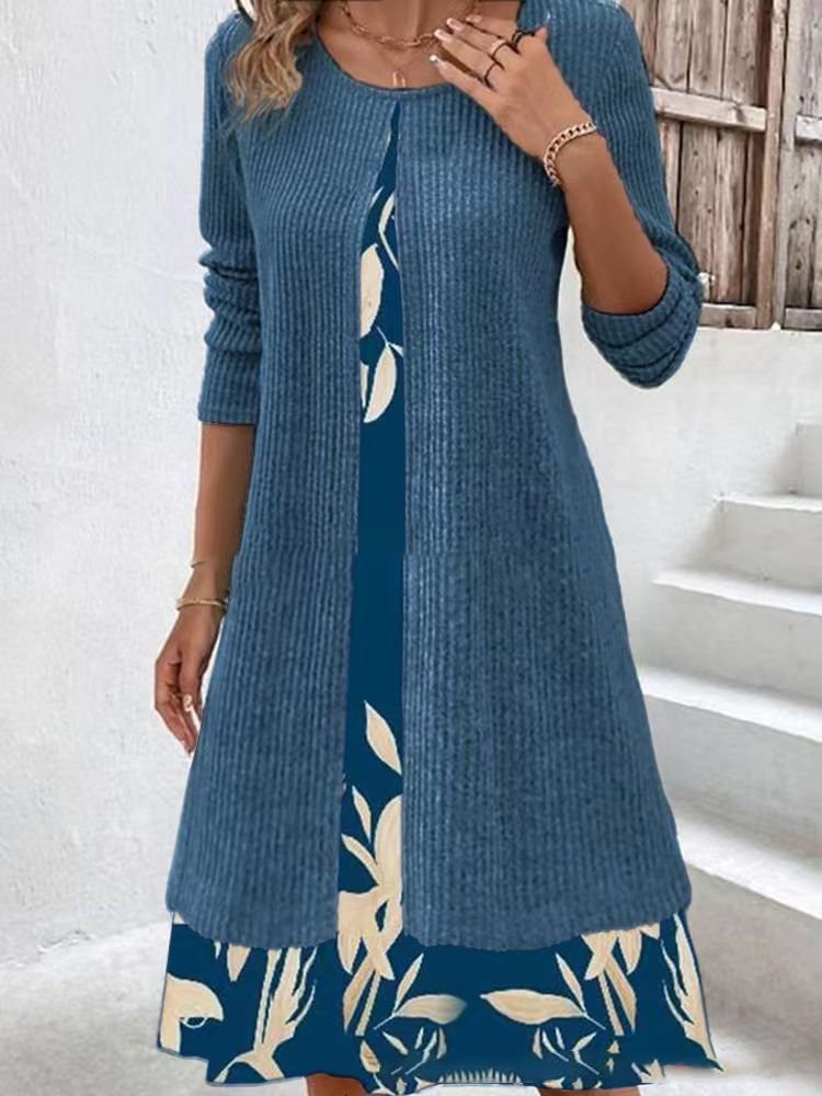 Donna Floreale Girocollo Maniche Lunghe comodo Casuale Abbottonato Midi Gonna