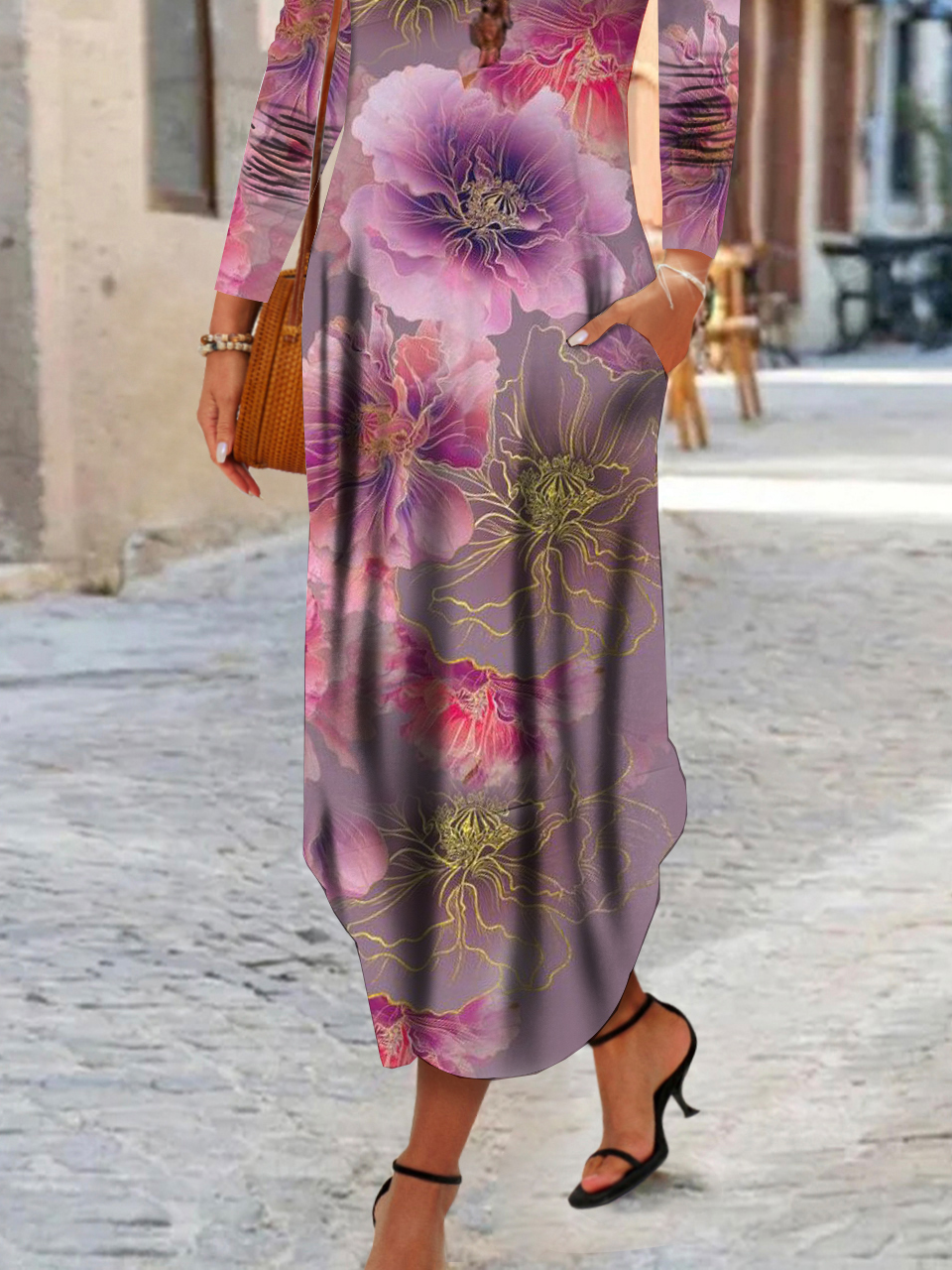 Donna Floreale Girocollo Maniche Lunghe comodo Casuale Maxi Abito