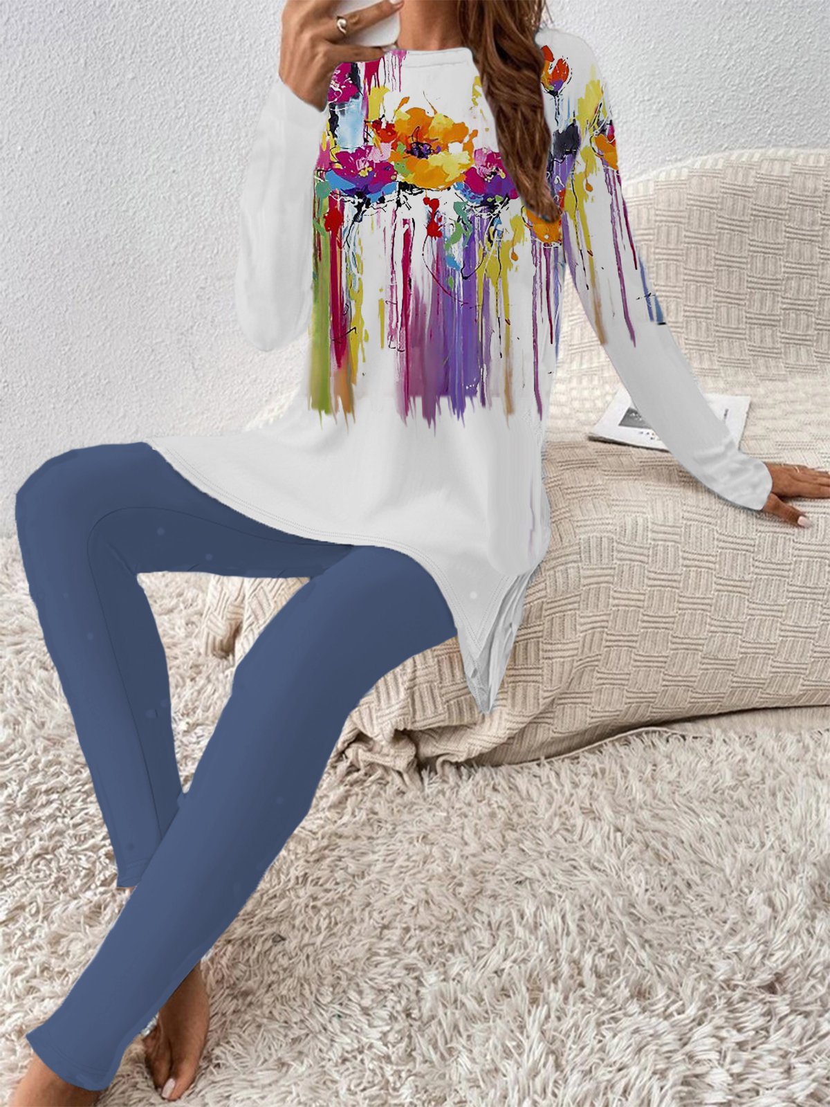 Donna Floreale Girocollo Maniche Lunghe comodo Casuale Top e Pantoloni due pezzi impostato