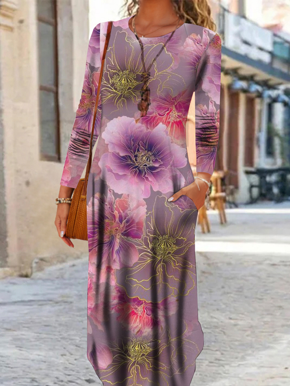 Donna Floreale Girocollo Maniche Lunghe comodo Casuale Maxi Abito
