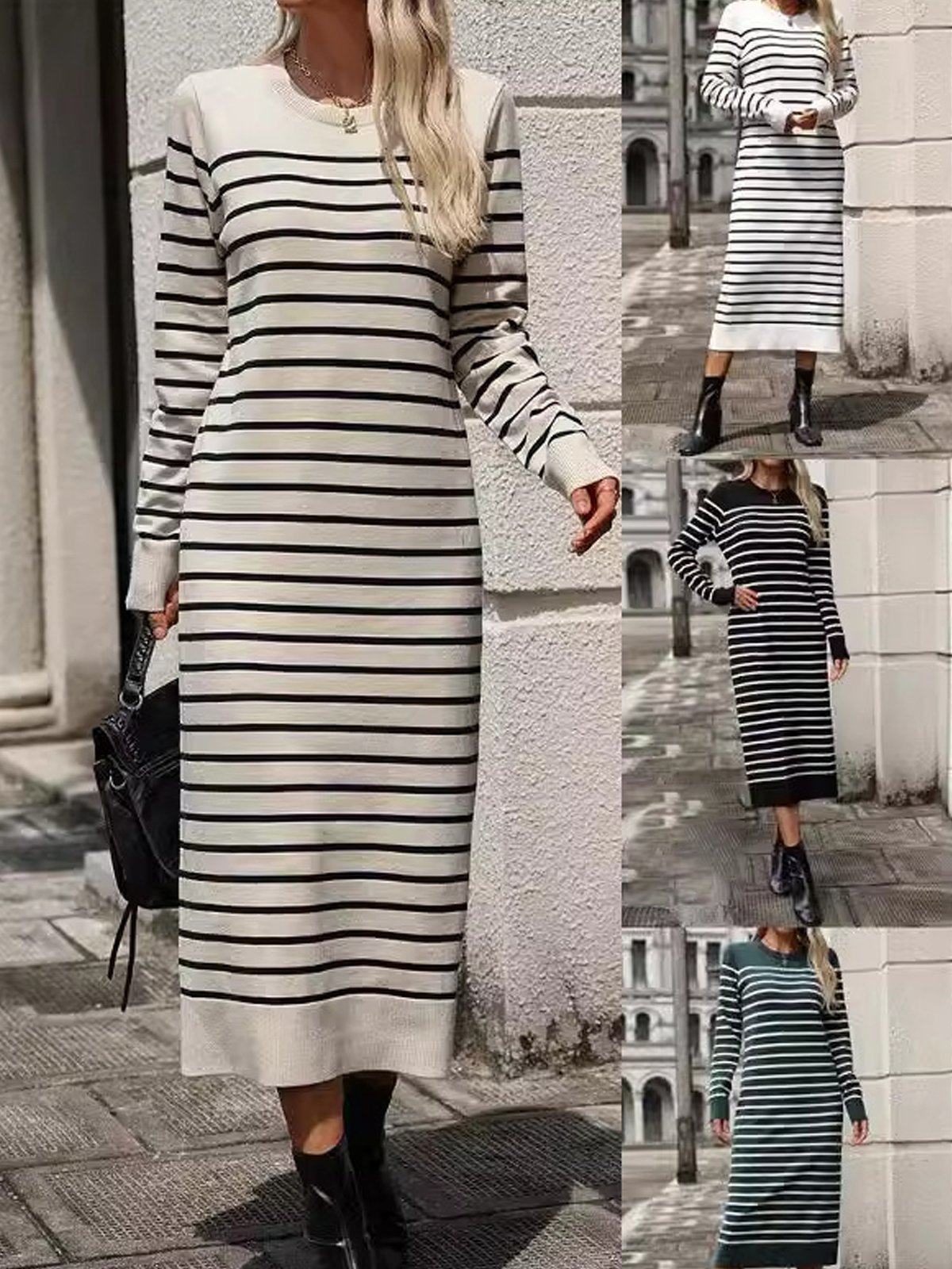 Donna a Righe Girocollo Maniche Lunghe comodo Casuale Midi Maglione Abito