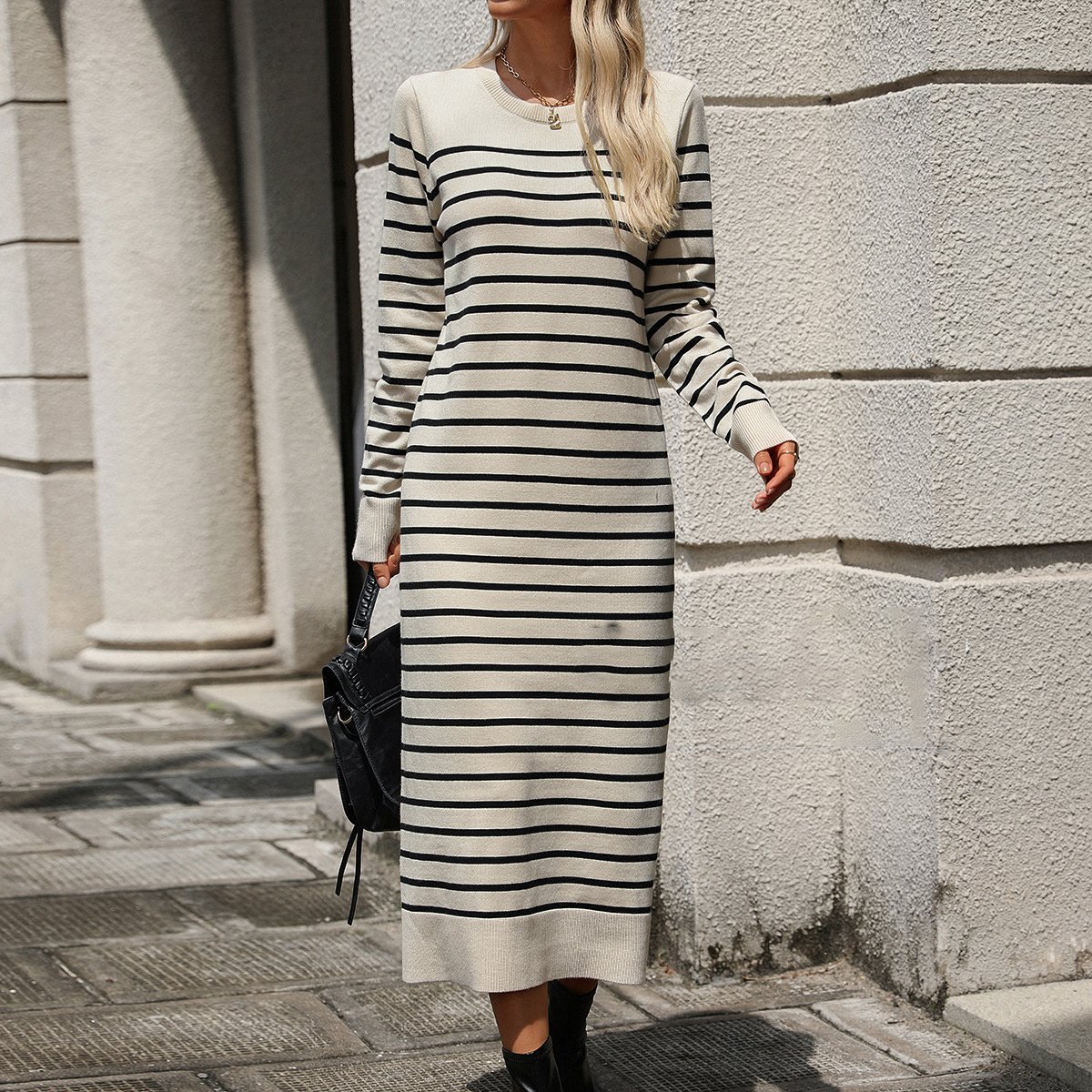 Donna a Righe Girocollo Maniche Lunghe comodo Casuale Midi Maglione Abito