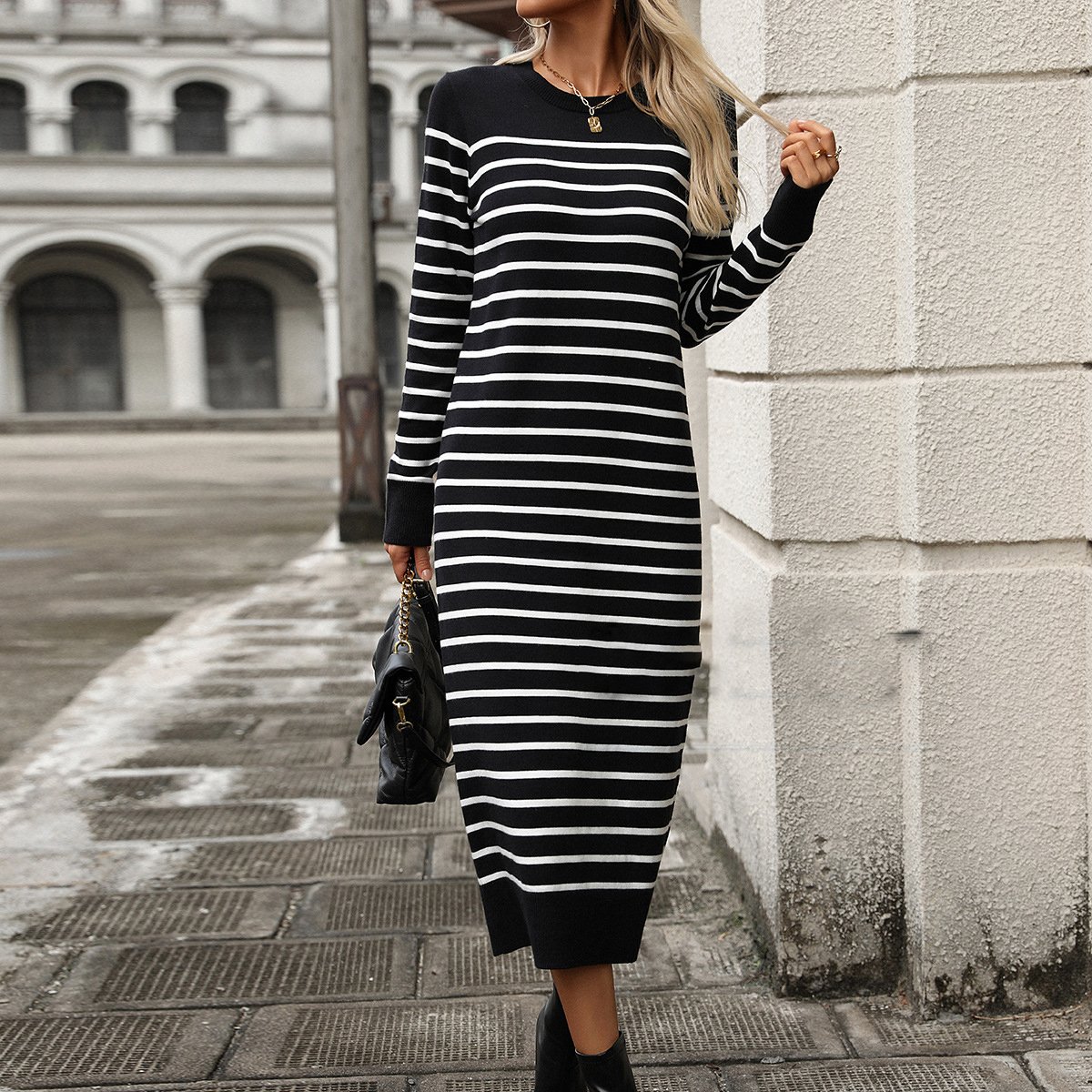 Donna a Righe Girocollo Maniche Lunghe comodo Casuale Midi Maglione Abito