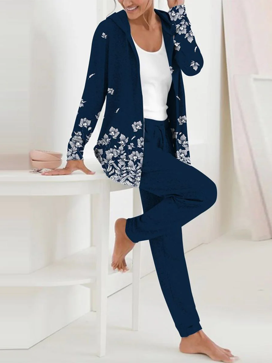 Donna Floreale Felpa con cappuccio Maniche Lunghe comodo Casuale Cappotto con pantaloni due pezzi impostato