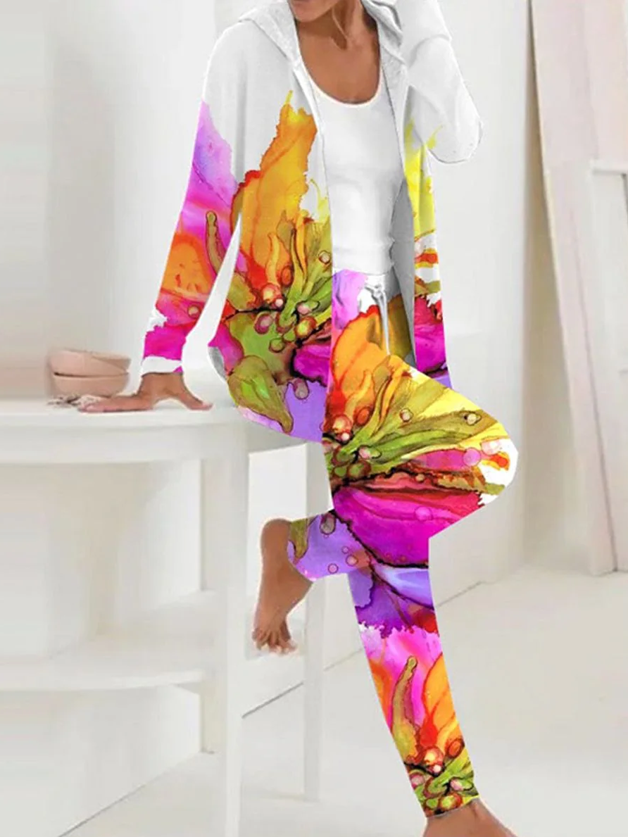 Donna Floreale Felpa con cappuccio Maniche Lunghe comodo Casuale Cappotto con pantaloni due pezzi impostato