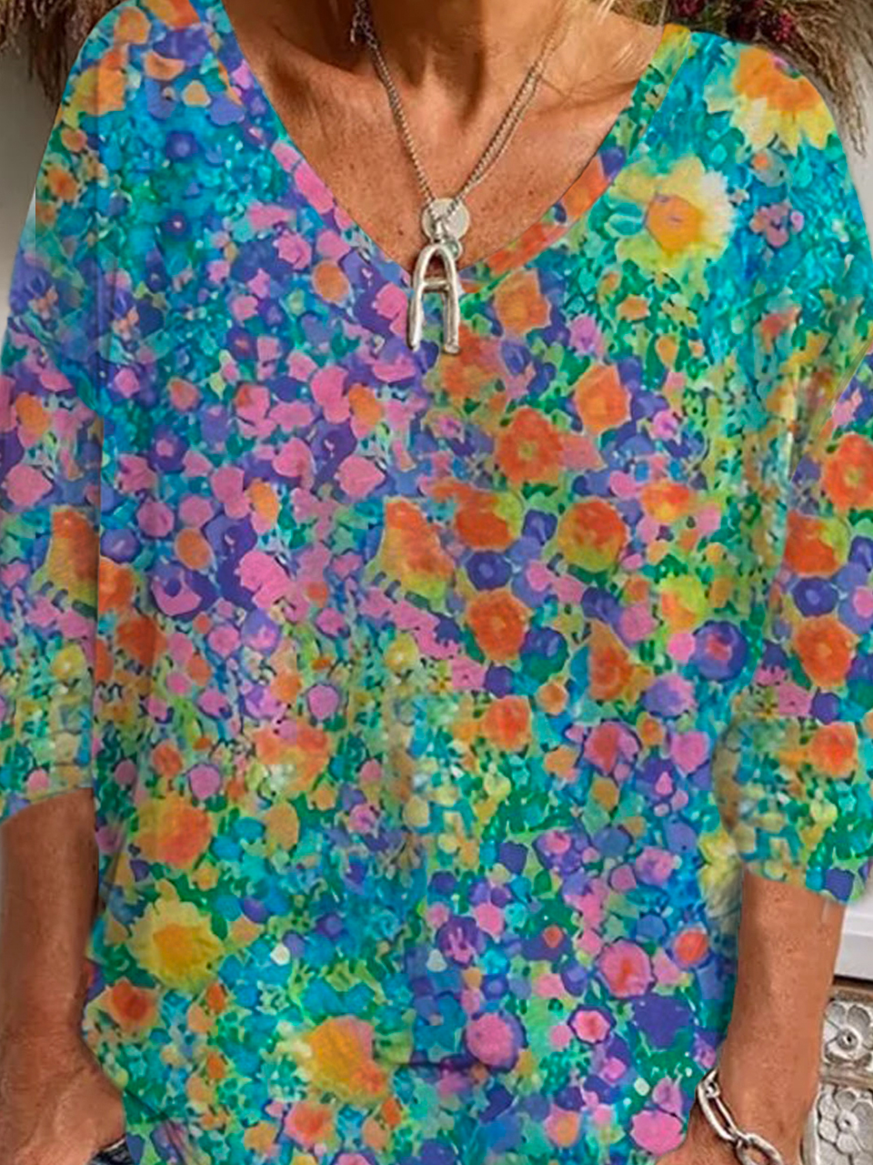 Casuale Floreale Scollo a V Maniche Lunghe T-shirt