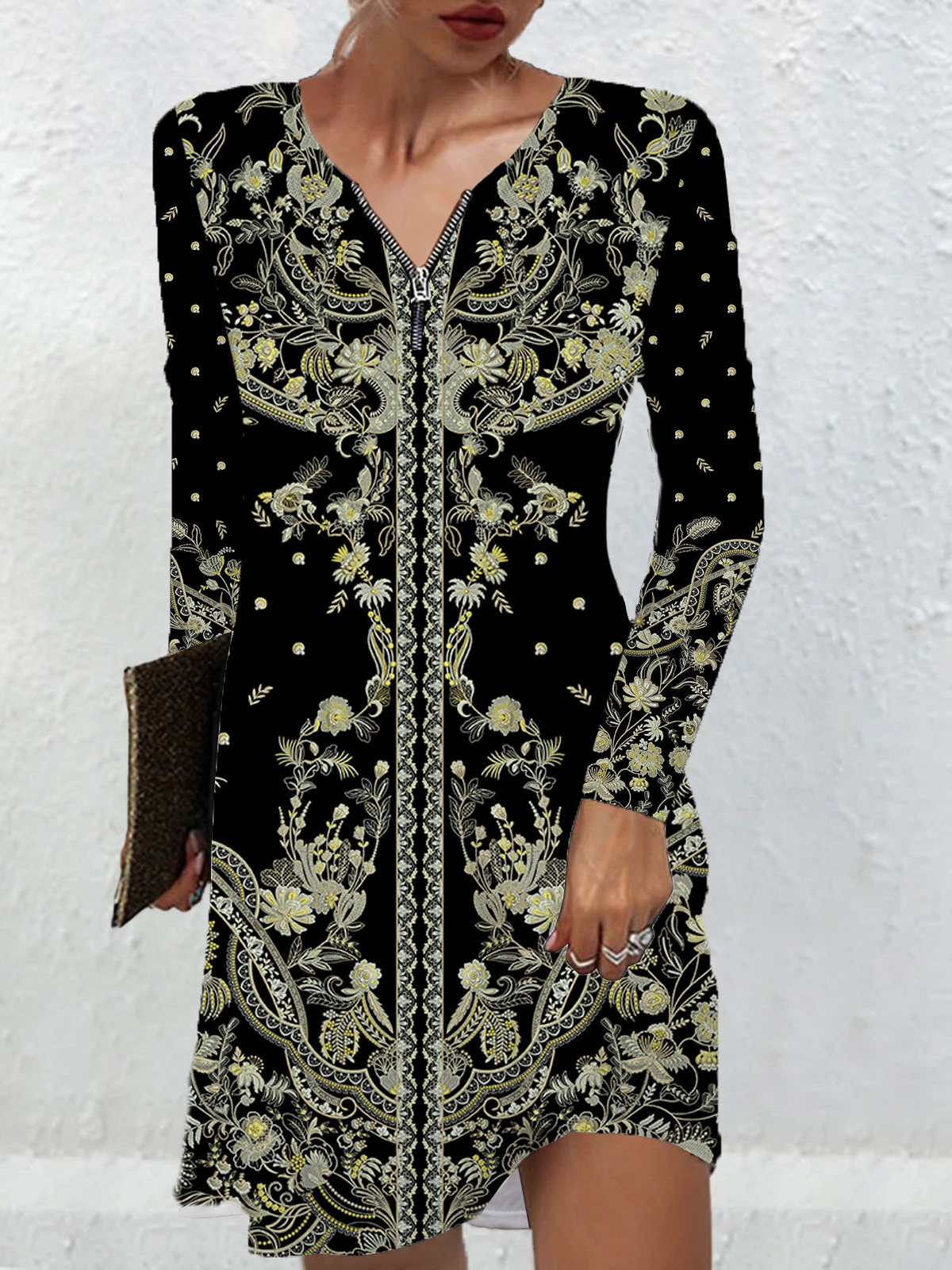 Donna Geometrico Maniche Lunghe comodo Casuale Cerniera Midi Gonna