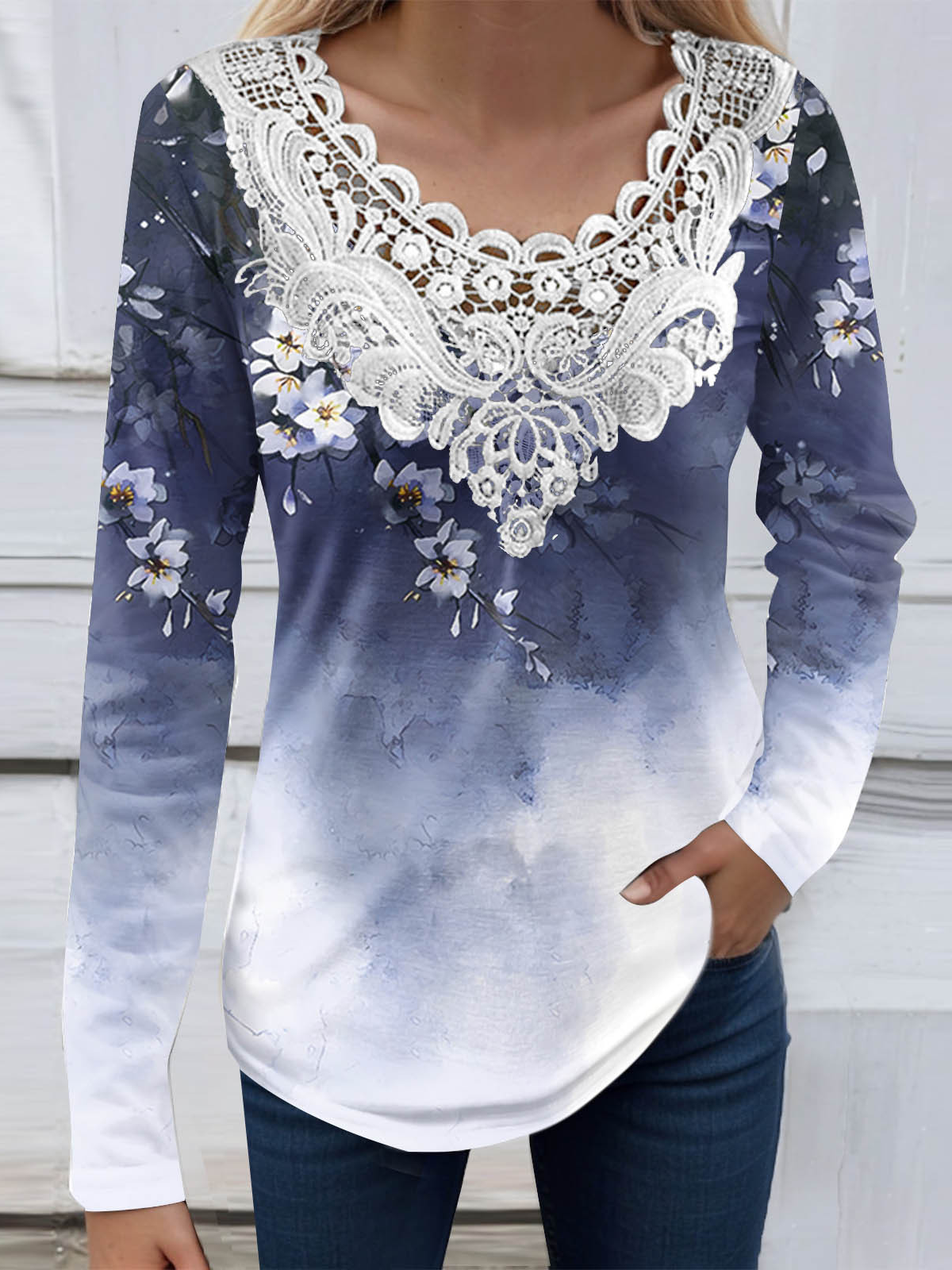 Scollo a V Maniche Lunghe Floreale Pizzo Regolare Sciolto Camicetta per Donna