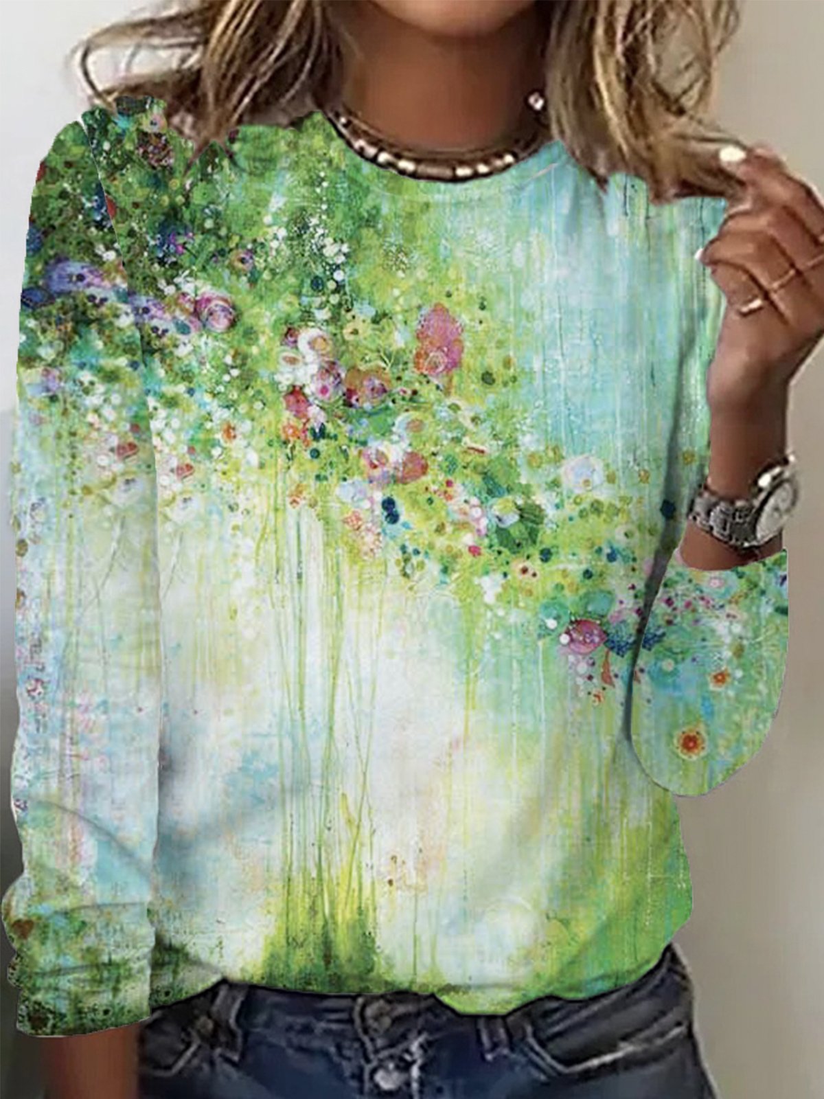 Casuale Floreale Girocollo Maniche Lunghe T-shirt