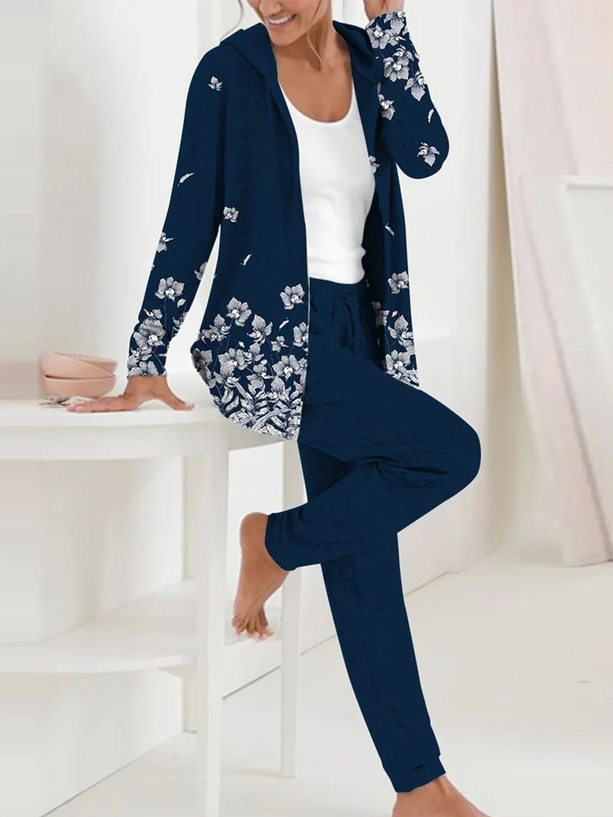 Donna Floreale Felpa con cappuccio Maniche Lunghe comodo Casuale Cappotto con pantaloni due pezzi impostato