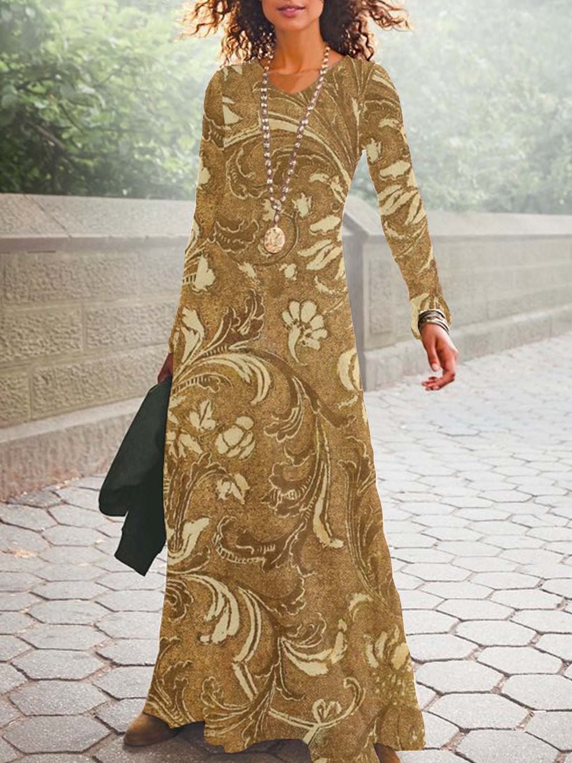 Donna Floreale Scollo a V Maniche Lunghe comodo Casuale Maxi Abito