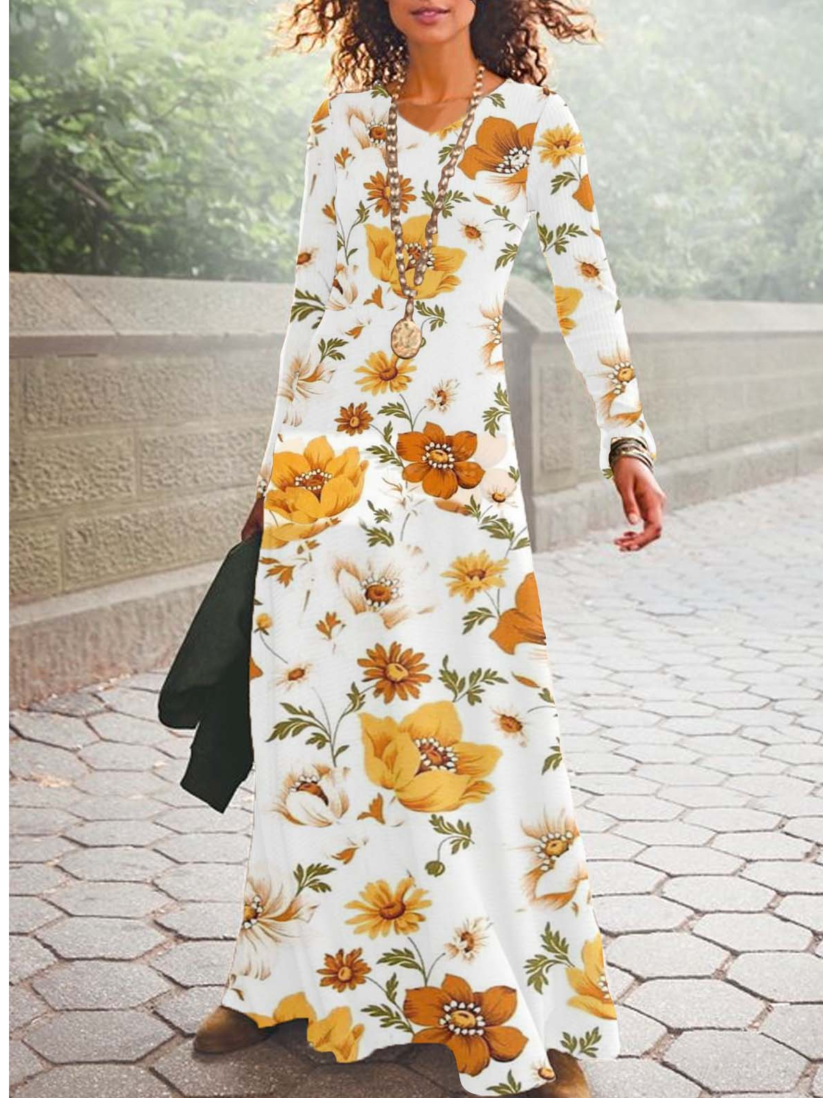 Donna Floreale Scollo a V Maniche Lunghe comodo Casuale Maxi Abito