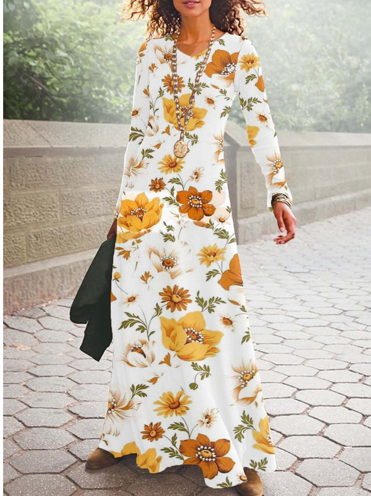 Donna Floreale Scollo a V Maniche Lunghe comodo Casuale Maxi Abito