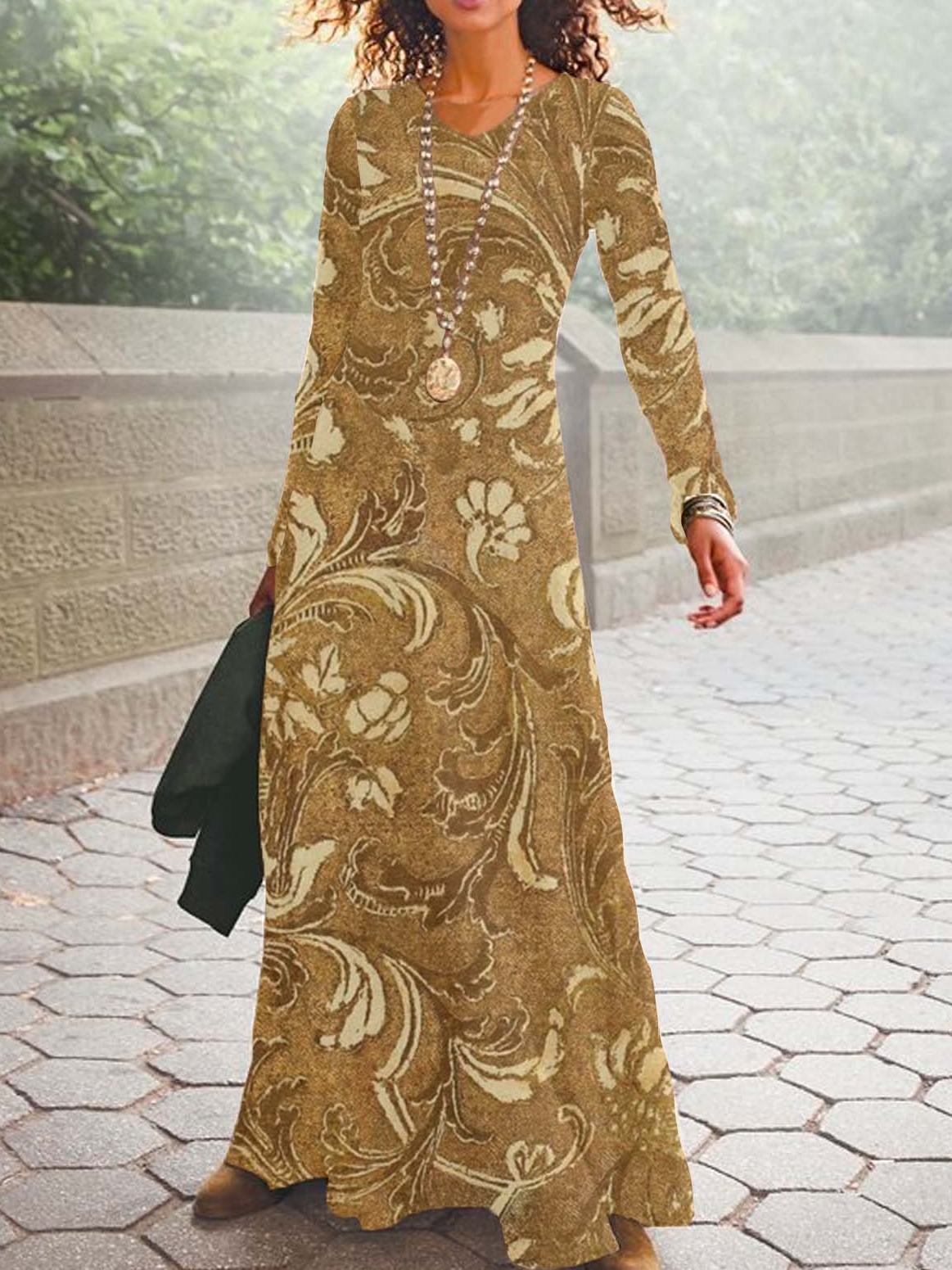 Donna Floreale Scollo a V Maniche Lunghe comodo Casuale Maxi Abito