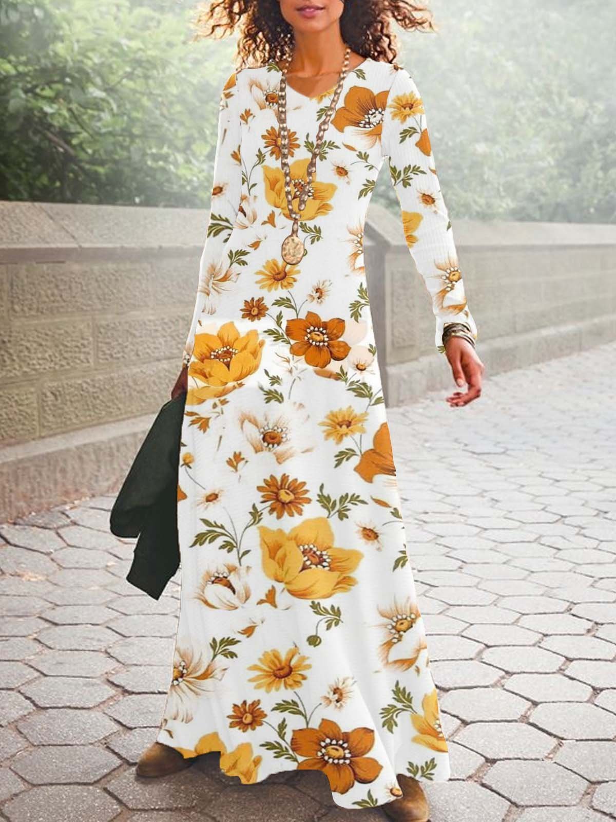 Donna Floreale Scollo a V Maniche Lunghe comodo Casuale Maxi Abito