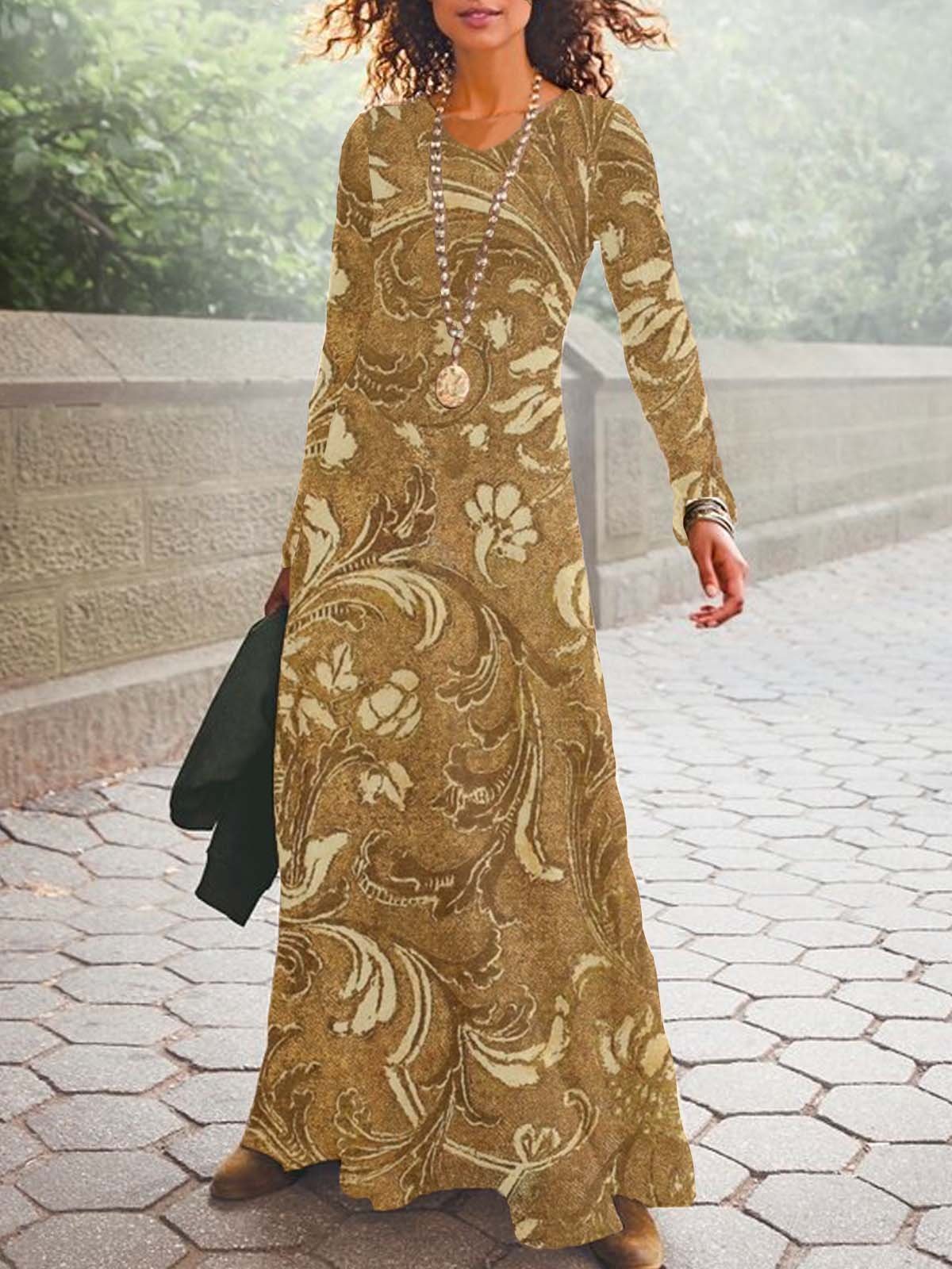 Donna Floreale Scollo a V Maniche Lunghe comodo Casuale Maxi Abito