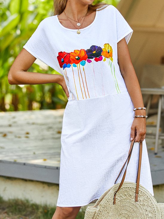 Floreale Estate Casuale Tasche No Elasticità Maniche Corte Girocollo Cotone A-line Abiti Vestiti per Donna