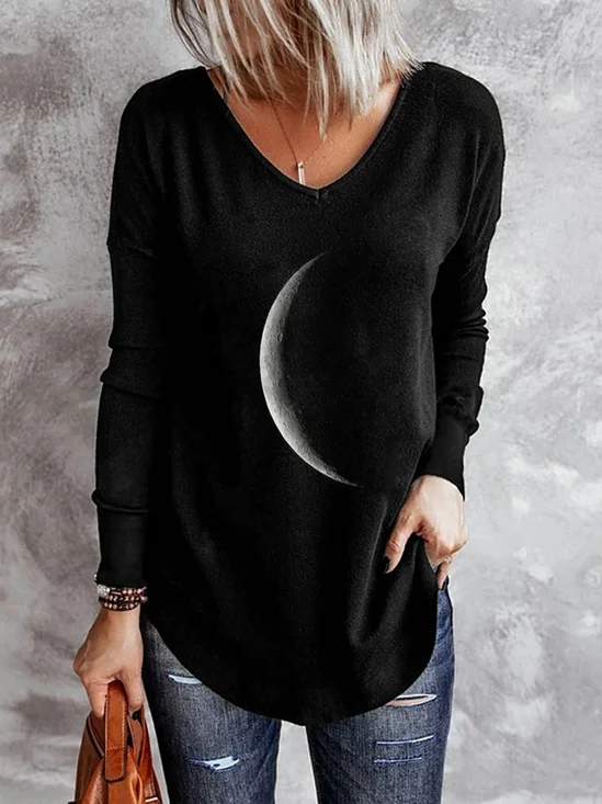 Luna Stampato Scollo a V Casuale Maniche Lunghe Dritto Top