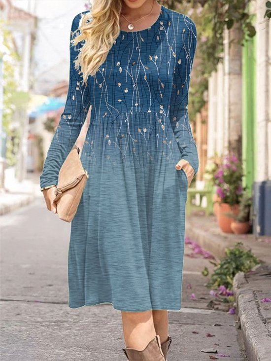 Donna Floreale Girocollo Maniche Lunghe comodo Casuale Midi Gonna