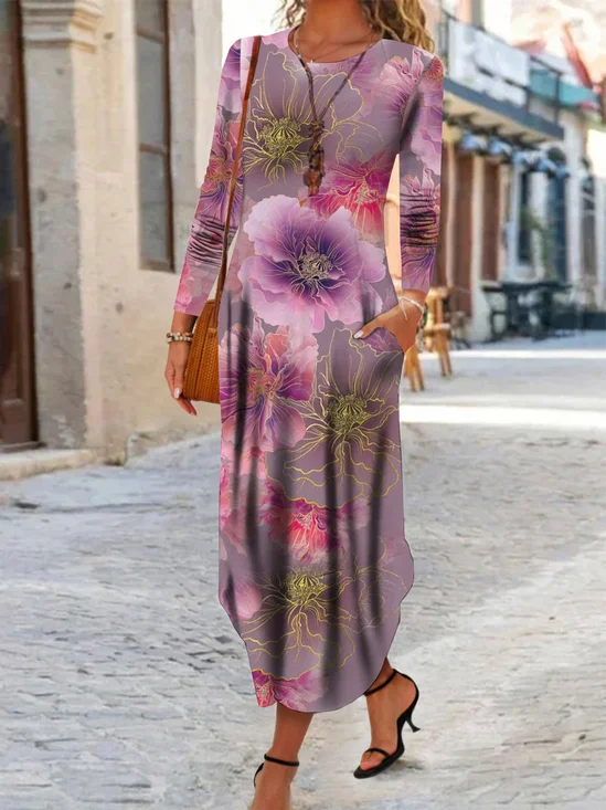Donna Floreale Girocollo Maniche Lunghe comodo Casuale Maxi Abito