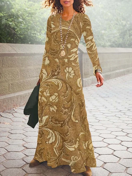 Donna Floreale Scollo a V Maniche Lunghe comodo Casuale Maxi Abito
