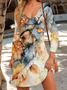 Donna Floreale Scollo a V Maniche Lunghe comodo Casuale Stampa Midi Gonna
